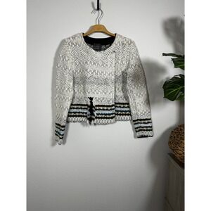 LEO AND SAGE Textured Geometric Knit Moto Cardigan‎ Jacket Ivory Black Teal Sz M